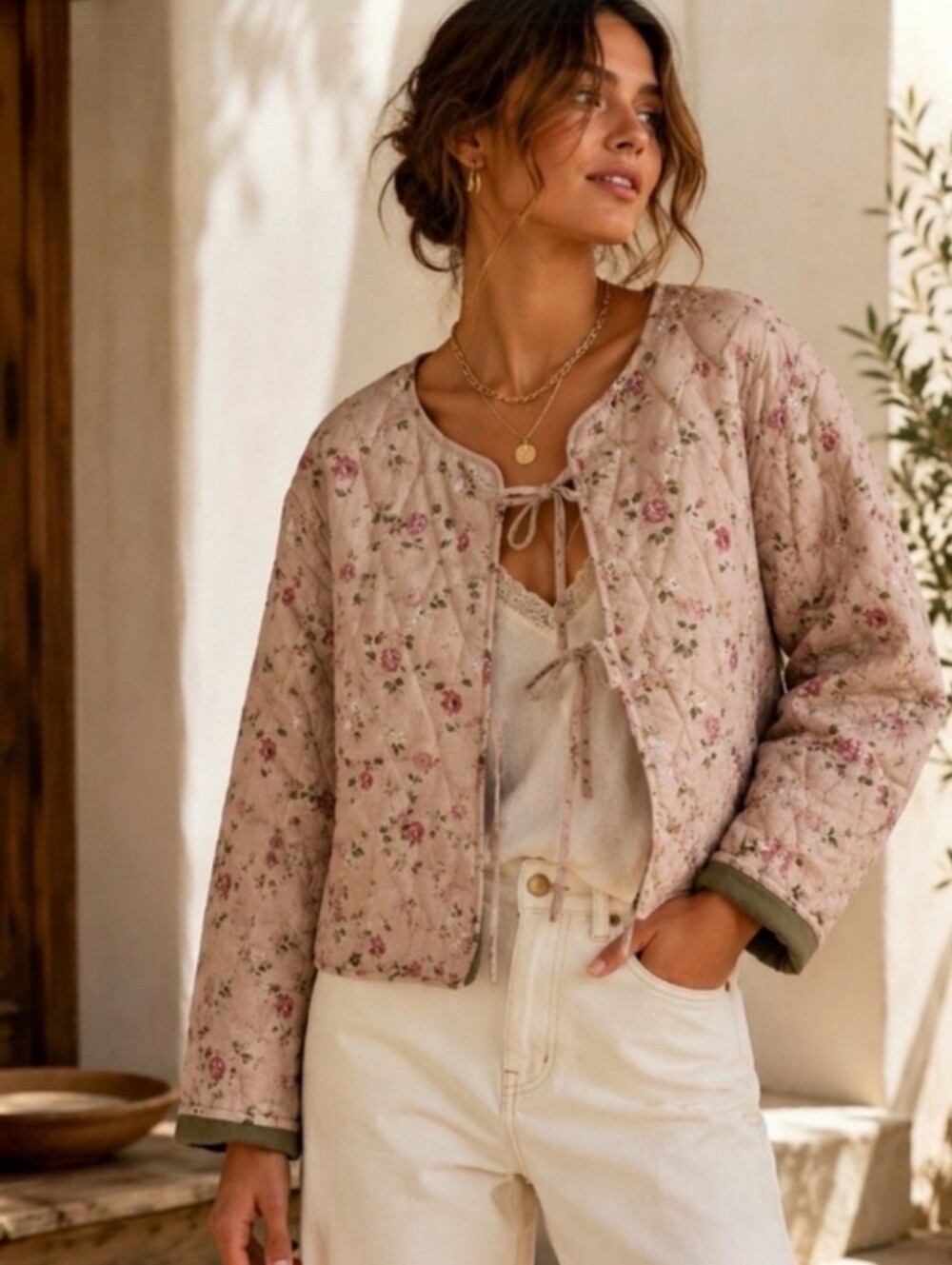 Avec Les Filles Blush Pink Quilted Floral Tie Front Jacket, S, Romantic Feminine